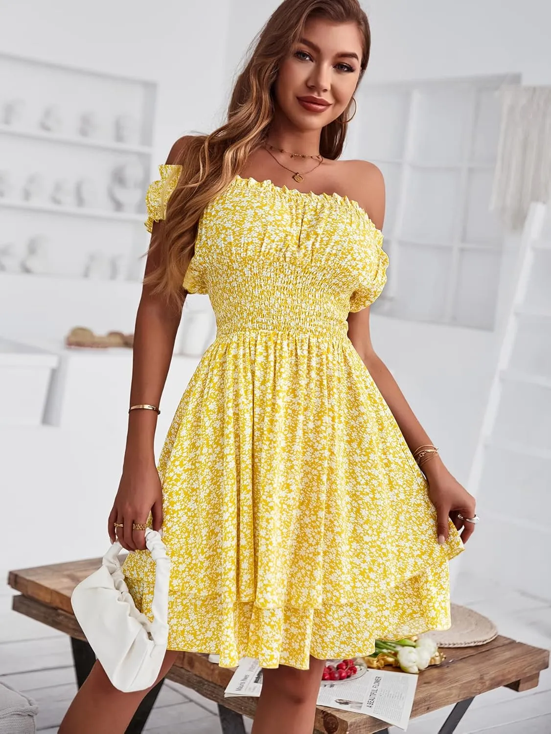 YOXUA Women's Summer Mini Dress, Short Sleeve Ruffle Square Neck Ruched Floral Printed Elastic Waist Layered Sundress