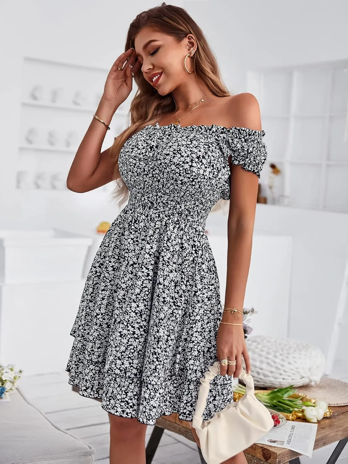 YOXUA Women's Summer Mini Dress, Short Sleeve Ruffle Square Neck Ruched Floral Printed Elastic Waist Layered Sundress