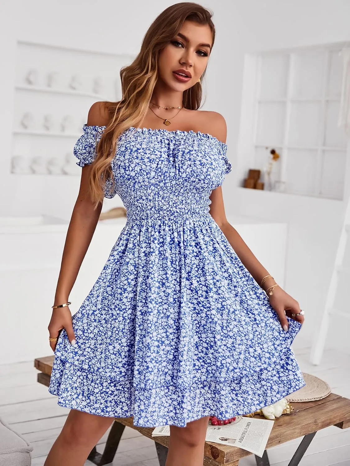 YOXUA Women's Summer Mini Dress, Short Sleeve Ruffle Square Neck Ruched Floral Printed Elastic Waist Layered Sundress