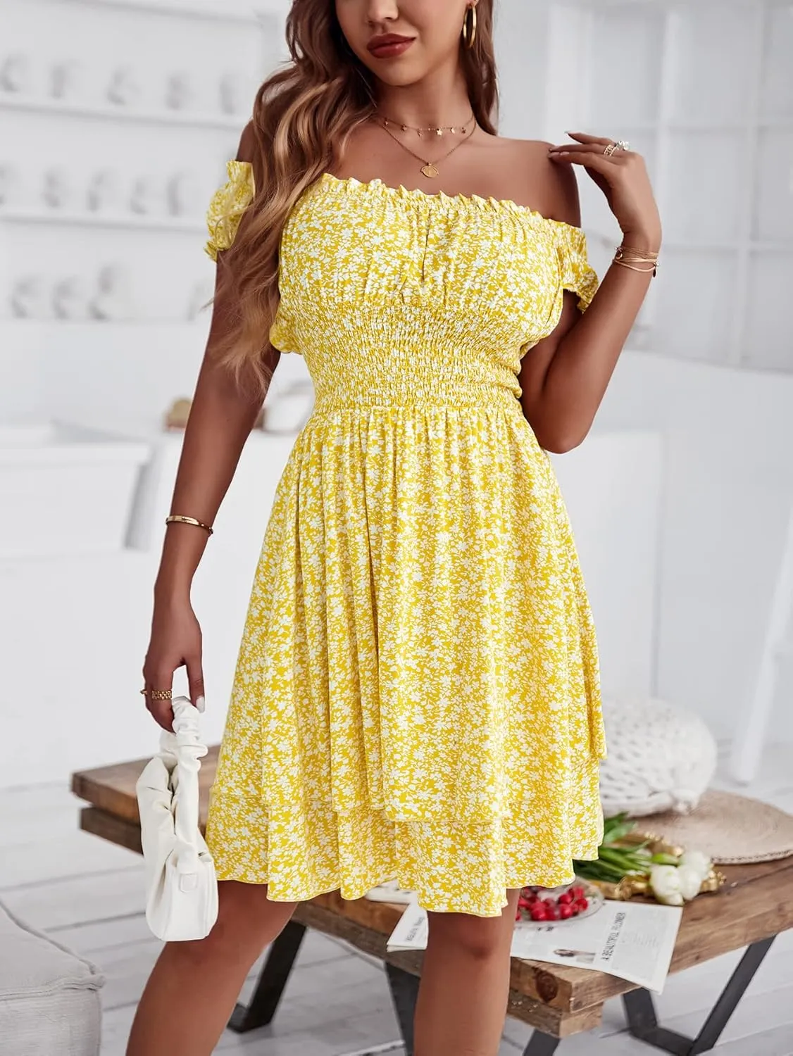 YOXUA Women's Summer Mini Dress, Short Sleeve Ruffle Square Neck Ruched Floral Printed Elastic Waist Layered Sundress
