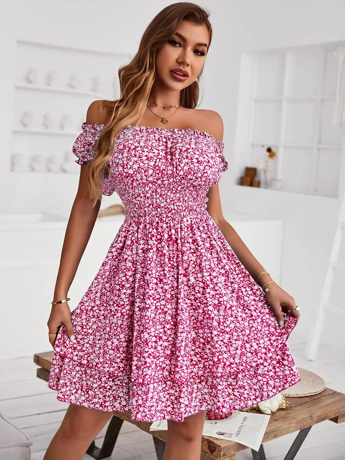 YOXUA Women's Summer Mini Dress, Short Sleeve Ruffle Square Neck Ruched Floral Printed Elastic Waist Layered Sundress