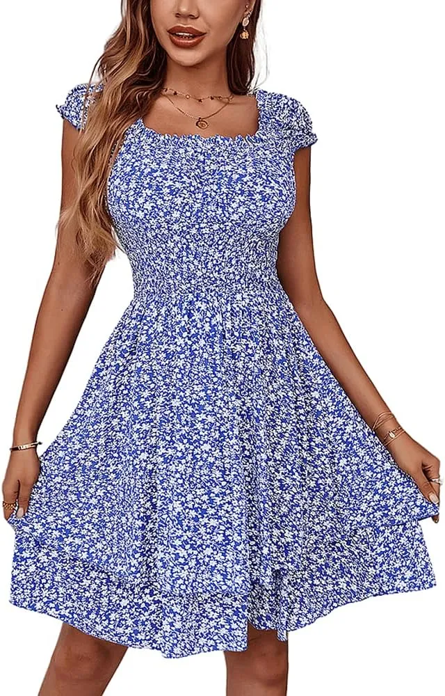 YOXUA Women's Summer Mini Dress, Short Sleeve Ruffle Square Neck Ruched Floral Printed Elastic Waist Layered Sundress