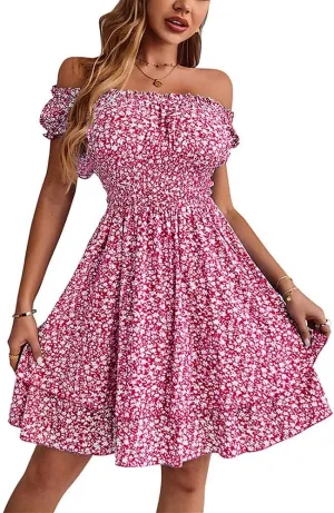 YOXUA Women's Summer Mini Dress, Short Sleeve Ruffle Square Neck Ruched Floral Printed Elastic Waist Layered Sundress