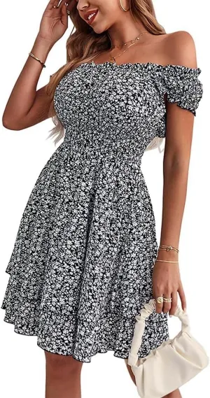 YOXUA Women's Summer Mini Dress, Short Sleeve Ruffle Square Neck Ruched Floral Printed Elastic Waist Layered Sundress