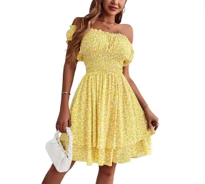 YOXUA Women's Summer Mini Dress, Short Sleeve Ruffle Square Neck Ruched Floral Printed Elastic Waist Layered Sundress