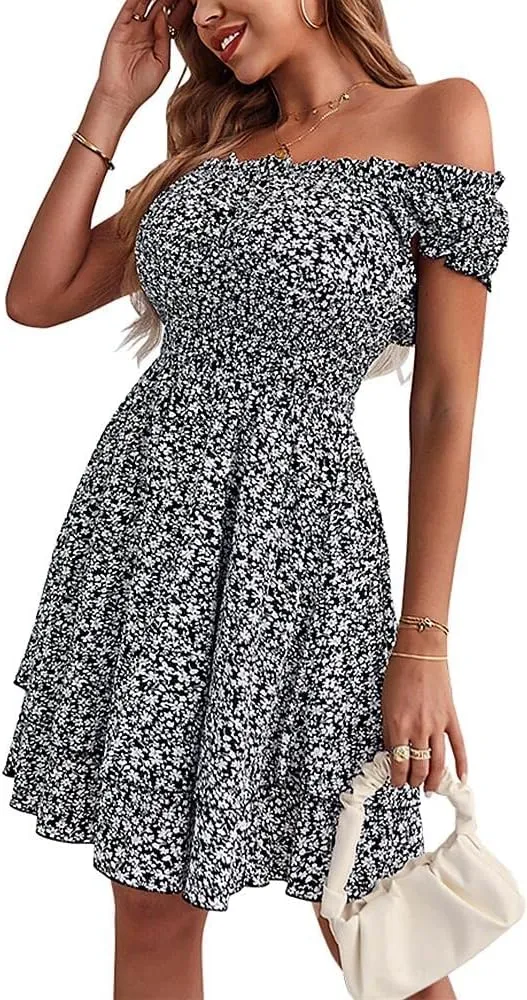 YOXUA Women's Summer Mini Dress, Short Sleeve Ruffle Square Neck Ruched Floral Printed Elastic Waist Layered Sundress