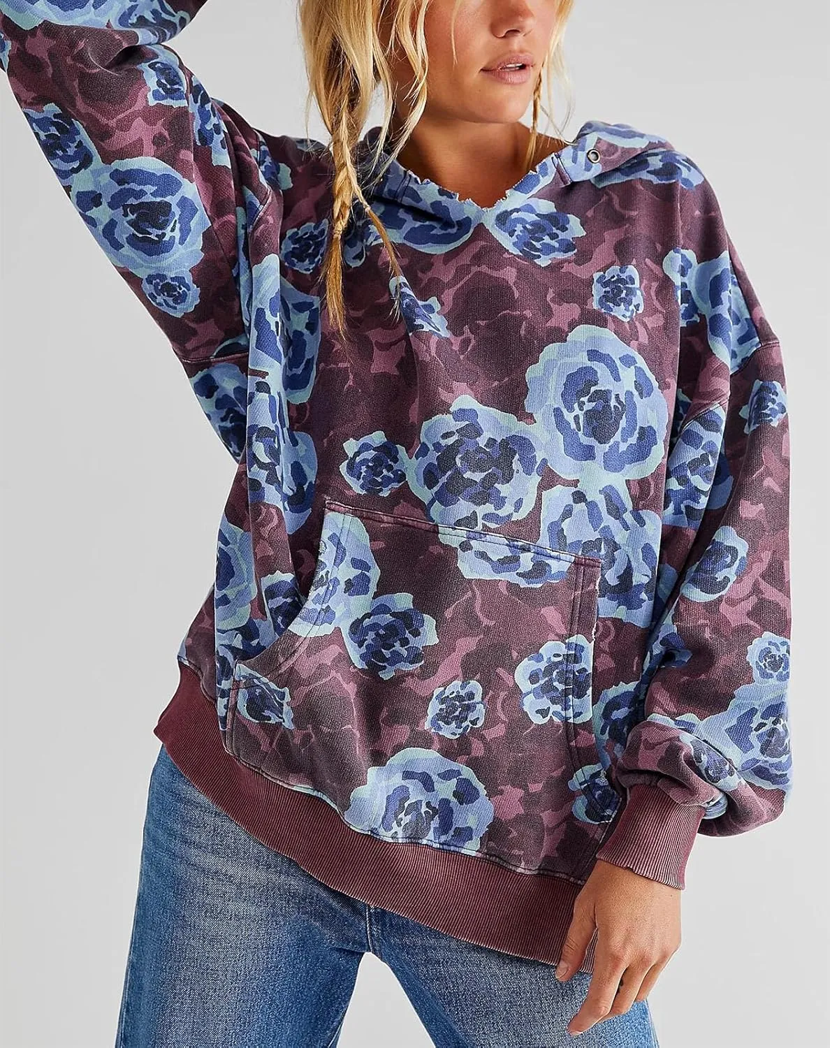 Yuemengxuan Women Y2k Graphic Hoodies Preppy Oversized Sweatshirt Long Sleeve Drawstring Pullover Tops Floral Fall Hoodie
