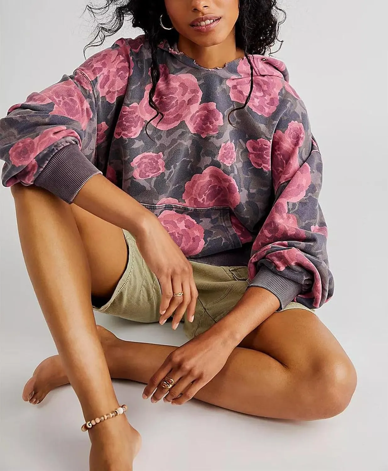 Yuemengxuan Women Y2k Graphic Hoodies Preppy Oversized Sweatshirt Long Sleeve Drawstring Pullover Tops Floral Fall Hoodie