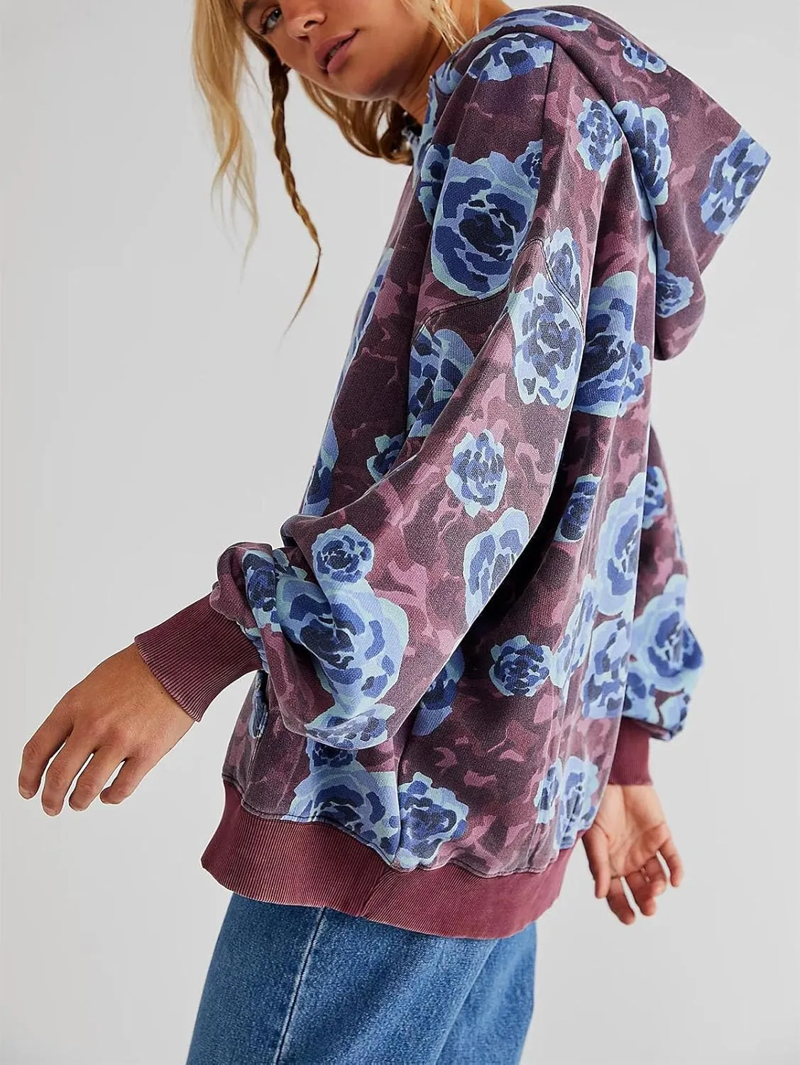 Yuemengxuan Women Y2k Graphic Hoodies Preppy Oversized Sweatshirt Long Sleeve Drawstring Pullover Tops Floral Fall Hoodie