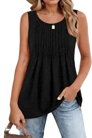 Zeagoo Women's Summer Tank Tops 2025 Pleated Crew Neck Floral Solid Loose Fit Casual Sleeveless Flowy Boho Tunic Shirts