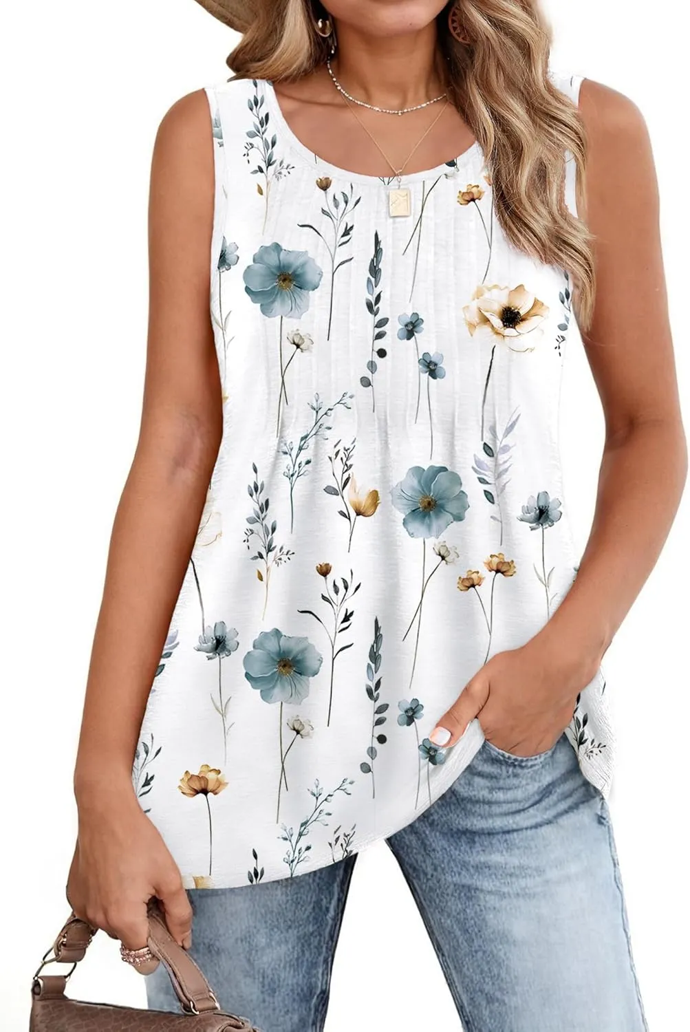 Zeagoo Women's Summer Tank Tops 2025 Pleated Crew Neck Floral Solid Loose Fit Casual Sleeveless Flowy Boho Tunic Shirts