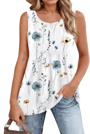 Zeagoo Women's Summer Tank Tops 2025 Pleated Crew Neck Floral Solid Loose Fit Casual Sleeveless Flowy Boho Tunic Shirts