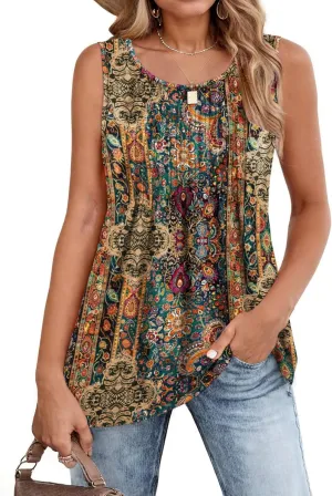 Zeagoo Women's Summer Tank Tops 2025 Pleated Crew Neck Floral Solid Loose Fit Casual Sleeveless Flowy Boho Tunic Shirts