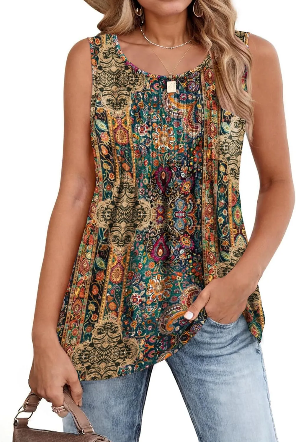 Zeagoo Women's Summer Tank Tops 2025 Pleated Crew Neck Floral Solid Loose Fit Casual Sleeveless Flowy Boho Tunic Shirts